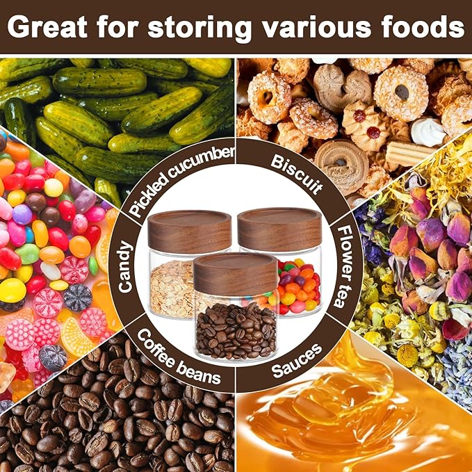 Glass Jars with Airtight Lid, 2 Pack 8oz 240ml Glass Storage Jars with Wood Lids, Screw Top Wide Mouth Kitchen Canister, Sugar and Coffee Containers for Tea, Spice, Candy, Oatmeal, Bean, Herb