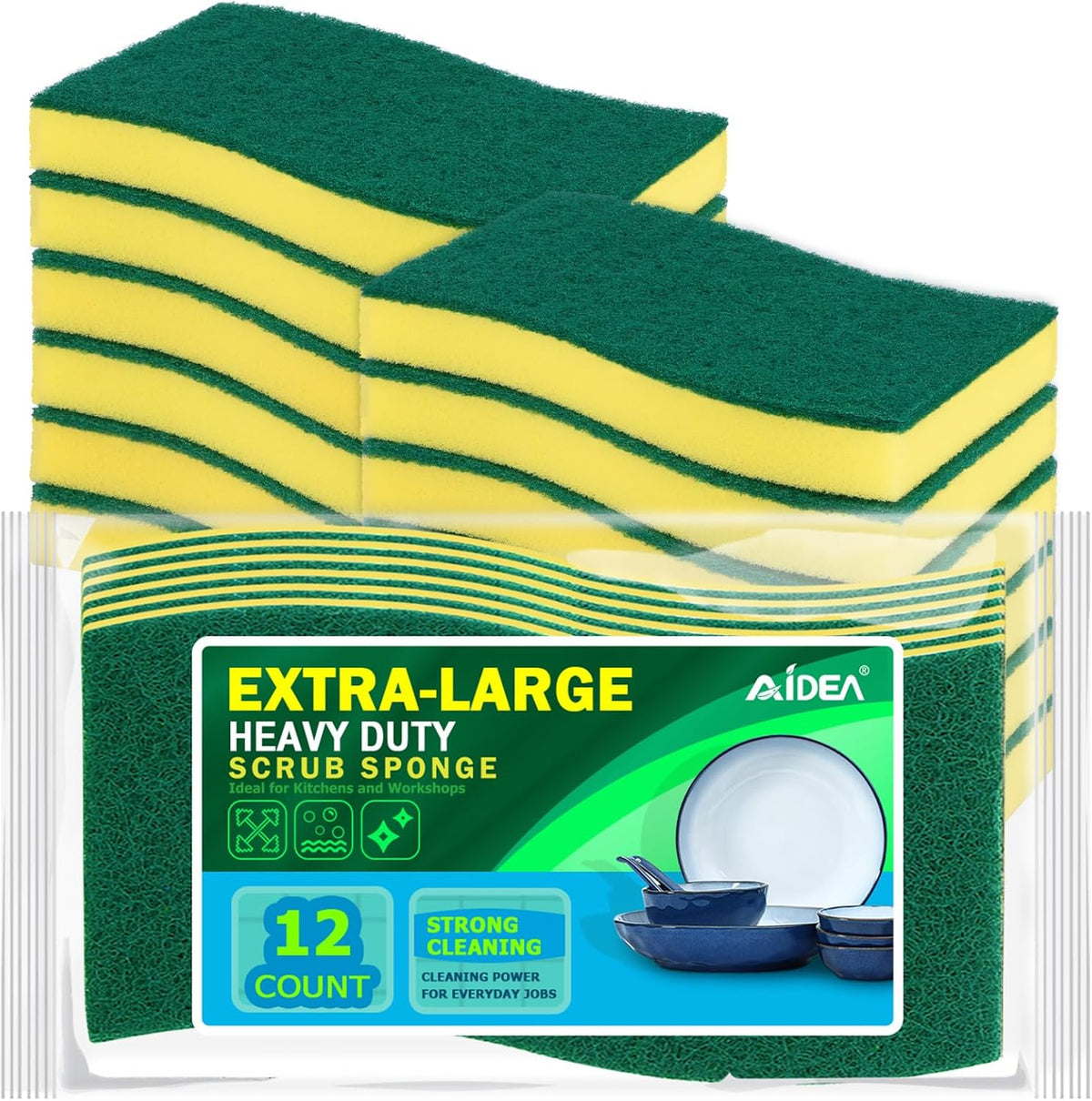 AIDEA Sponges Kitchen, XL Heavy Duty Dish Sponge, Cleaning Dish Scrubber Sponge for Home and Kitchen, Extra Large Cleaning Supplies for Pots, Pans, 12 Pack