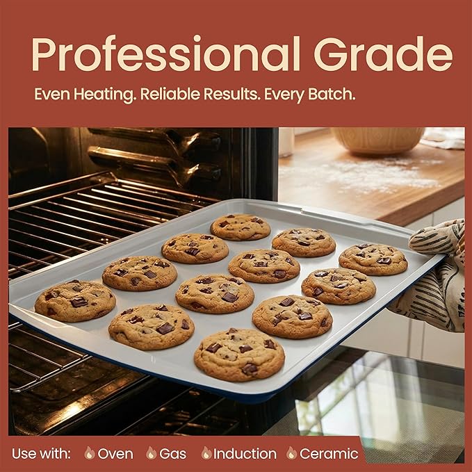 Bakken Swiss Cookie Sheet 3 Piece Set - Non-Stick, Stackable Baking Pans, Deluxe Ceramic Coating – Dishwasher Safe - for Home Baking