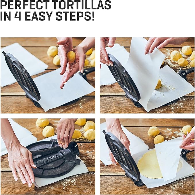 Uno Casa Cast Iron Tortilla Press 8 Inch with Tortilla Warmer - Bundle of Pre-seasoned Quesadilla, Roti and Pataconera Maker With Taco Shell Warmer including 100 Pcs Parchment Paper