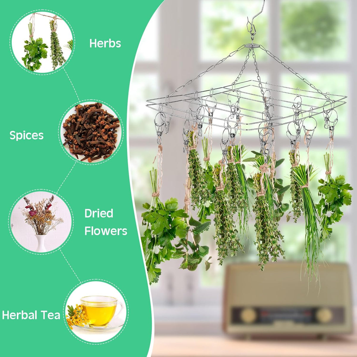 Bokon 4 Pcs Hanging Drying Rack for Herb Macrame Flower with Stainless Clip Dryer Hook for Drying Herb Air Plants Spices Flower Hydroponic Plant Ready to Use with Ceiling Hook(Rectangle)