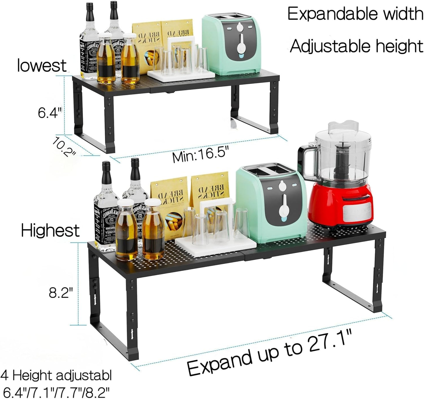 Heavy-Duty Adjustable Metal Shelf Organizer - Expandable & Stackable Pantry Storage Rack for Kitchen, Bathroom, RV, Cabinets(2 Packs/Black, Large)