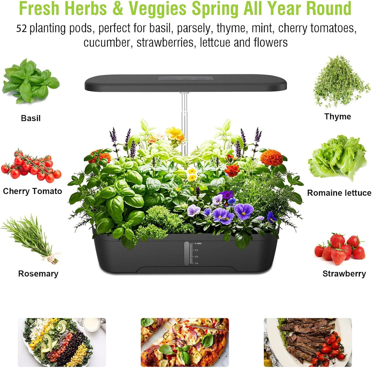 52 Pods Hydroponics Growing System Kit, Indoor Herb Garden with Smart LED Grow Light, Large Capacity Water Tank, Adjustable Height, Auto Timer & Quiet Pump for Home Kitchen Office Indoor Gardening
