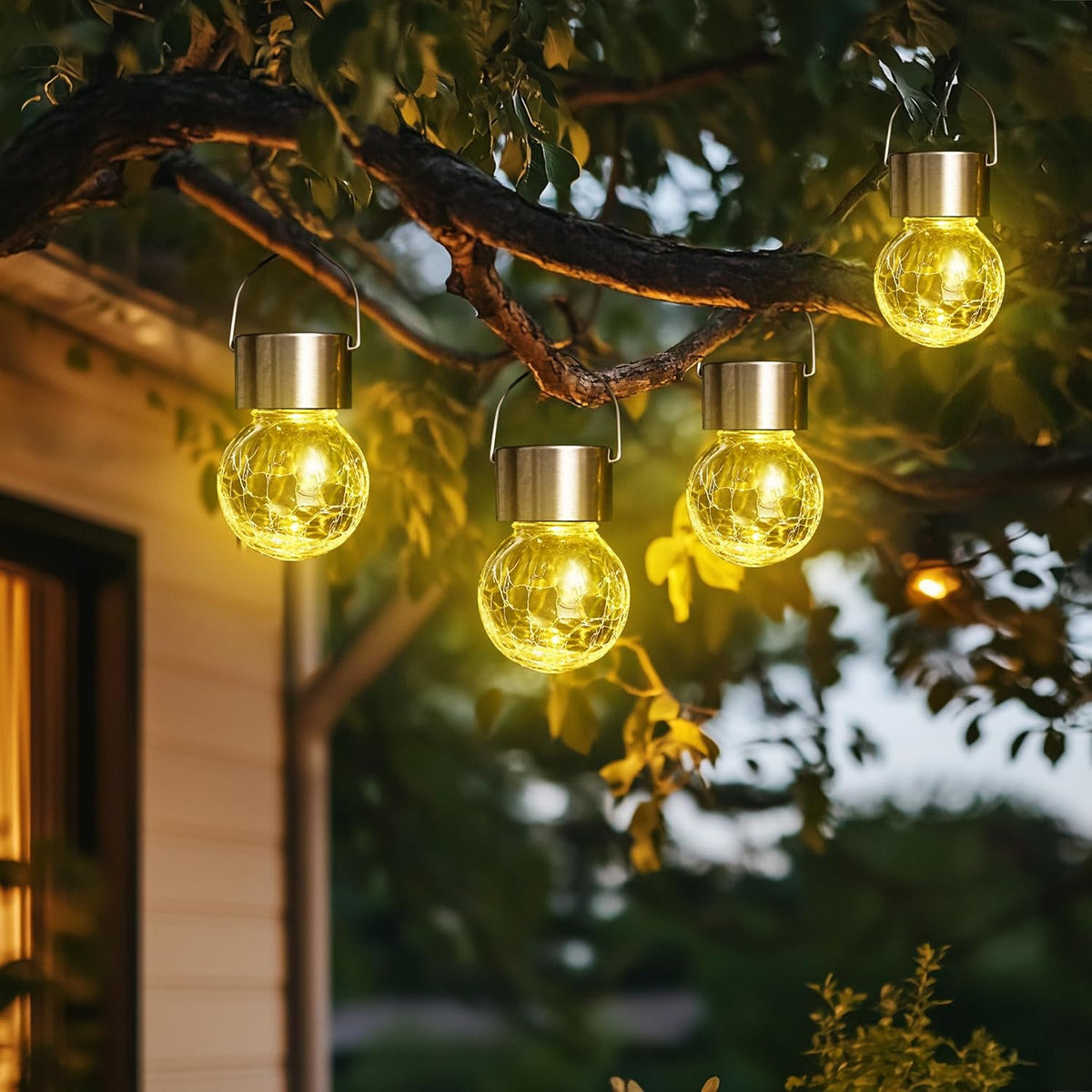GIGALUMI 16 Pack Solar Hanging Lights for Christmas Decoration - Cracked Glass Solar Lights Outdoor Waterproof for Garden, Yard, Fence, Tree (Warm White)