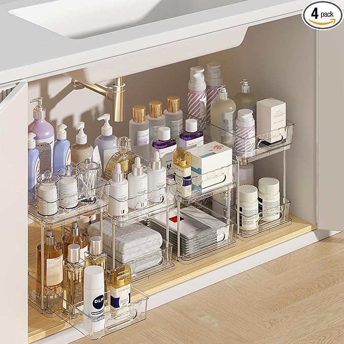 Delamu 2 Tier Snap-Lock Bathroom Under Sink Organizers and Storage, Multi-Purpose Cabinet Drawers with Movable Dividers, Pull Out Organization for Countertop, Kitchen and Pantry(Clear, 4 Pack)