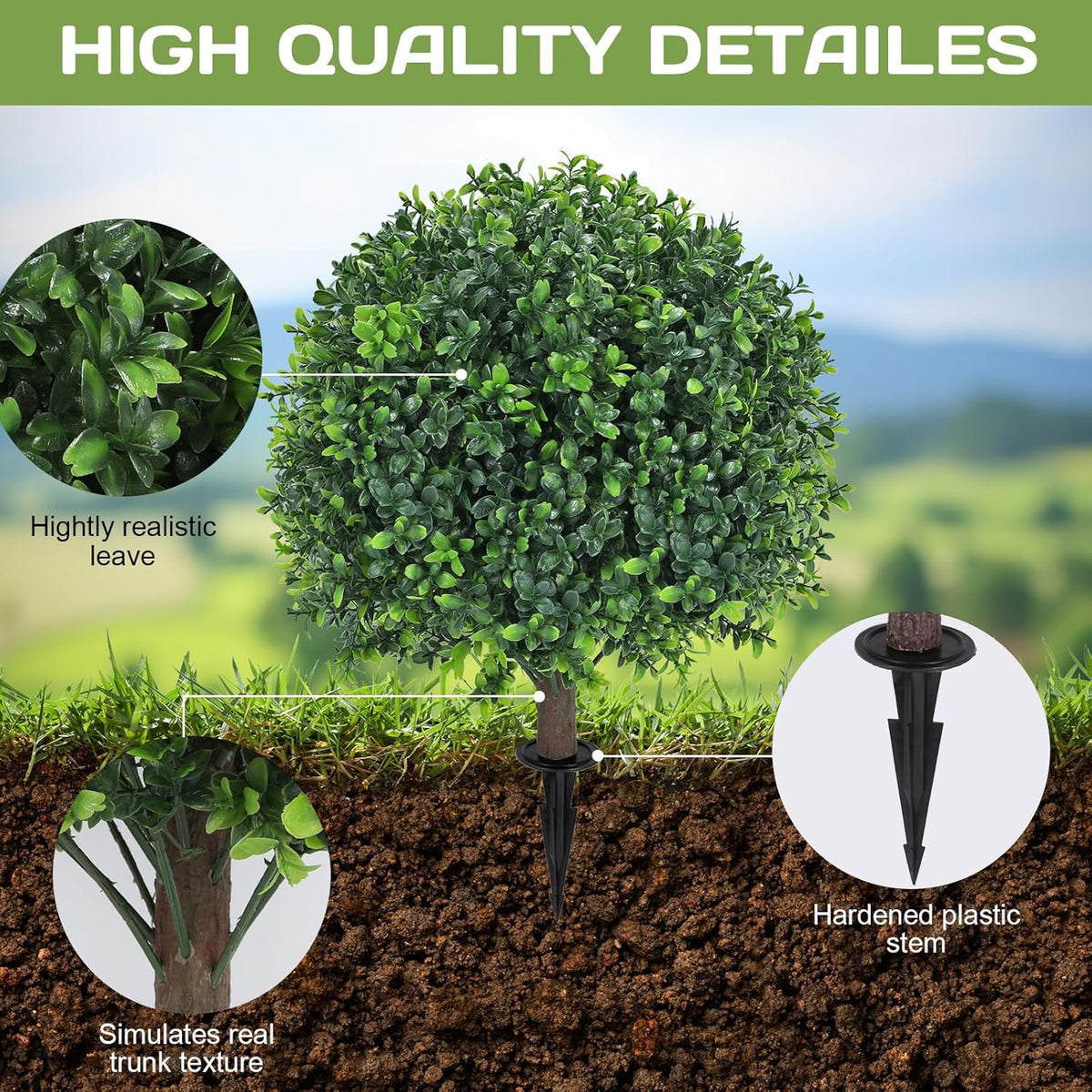 Artificial Boxwood Topiary Ball Tree 24" with Ground Spike, Set of 2 Artificial Boxwood Bushes for Faux Shrubs, Fake Evergreen Faux Plant for Indoor Outdoor Porch Garden- UV Resistant – Fade-Proof