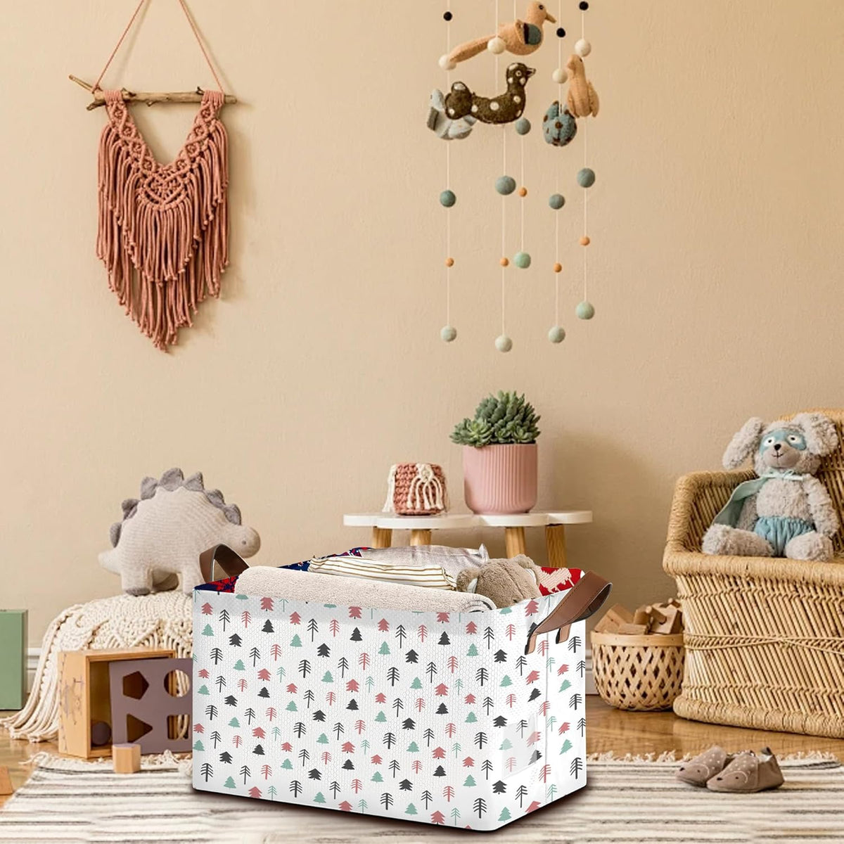 Foldable Collapsible Storage Bin with Pine Tree Design-17x11.5x10.5 Inch Organizer Basket for Home, Closet, Nursery-Single Pack, No Lid Space-Saving Storage Box