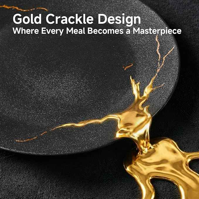 KINGSTONE Dinnerware Sets for 6 Porcelain Plates and Bowls Sets 18 Piece Matte Black with Gold Vein Dish Set Scratch Resistant Dinner Salad Plate Dishware for Wedding Party Daily
