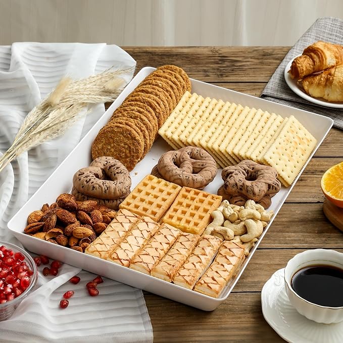 6 Pack, 16" x 11" Large White Serving Trays Set - Reusable Plastic Serving Platters for Cookie, Appetizer, Charcuterie, Snack, Dessert, Party Food Display - Stackable Kitchen CounterTop Tray, BPA Free