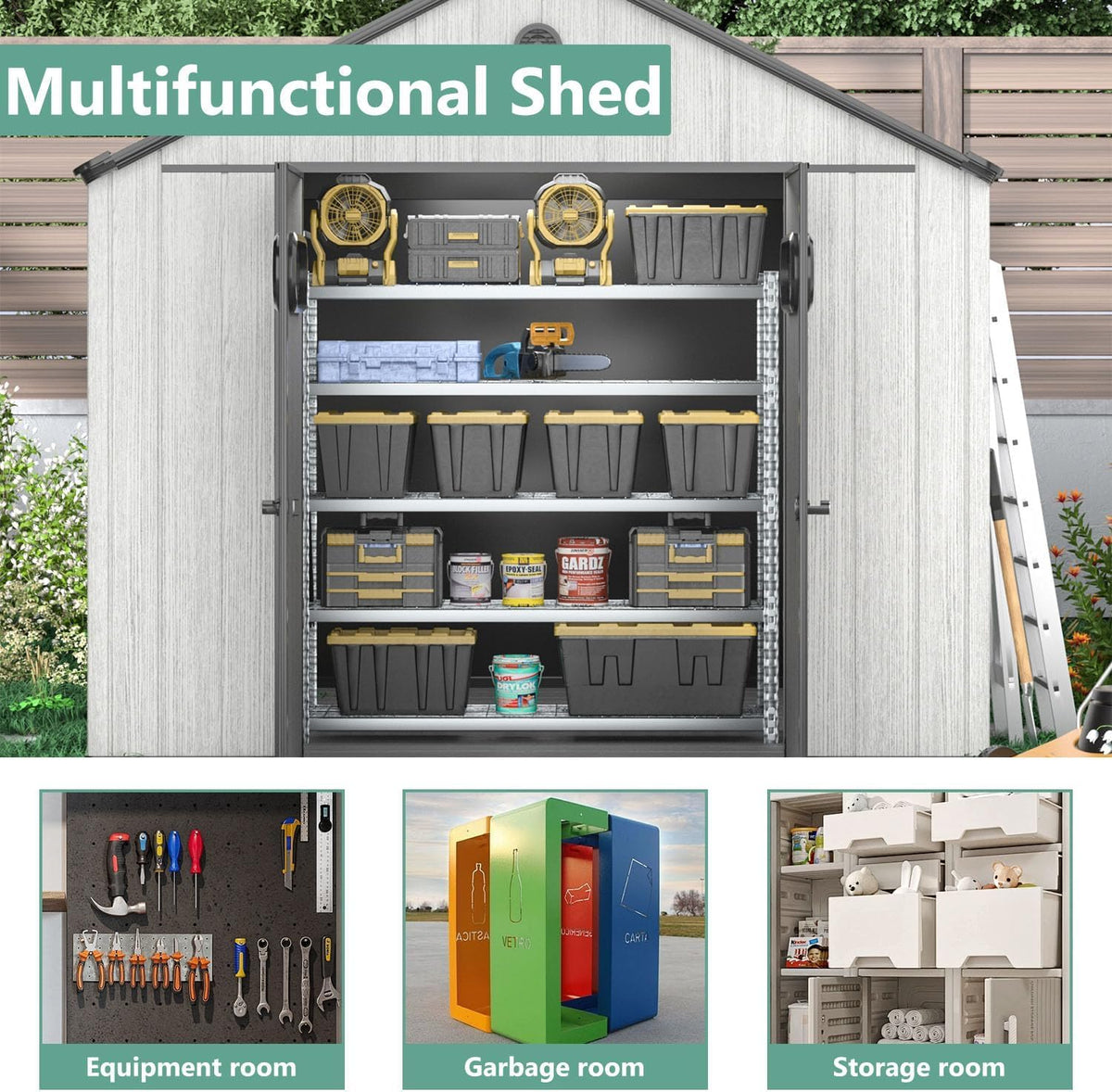Aoxun 10X8FT Outdoor Shed with Floor, Resin Storage Shed with Lockable Door, Garden Utility Tool Shed Storage House for Backyard, Patio, Lawn