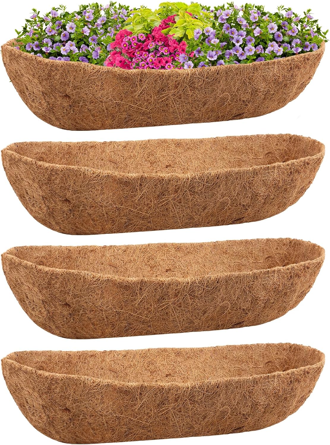 Riare 4 Pack 30 Inch Trough Coco Coir Liners for Planters, Pre-Formed Coconut Coir Replacement Liner Natural Coco Fiber Window Box Liners for Wall Planter, Window Basket Deck Railing Planter