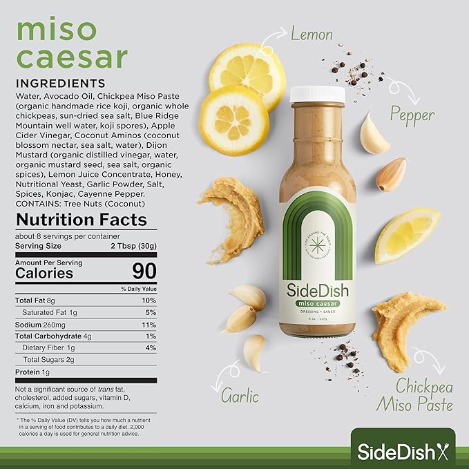 SideDish Miso Caesar Dressing (Pack of 3) – Seed Oil Free Salad Dressing Made w/Avocado Oil – Refined Sugar Free, Dairy & Gluten Free Dip & Marinade – Paleo Honey Mustard Dressing for Dips, Sauces