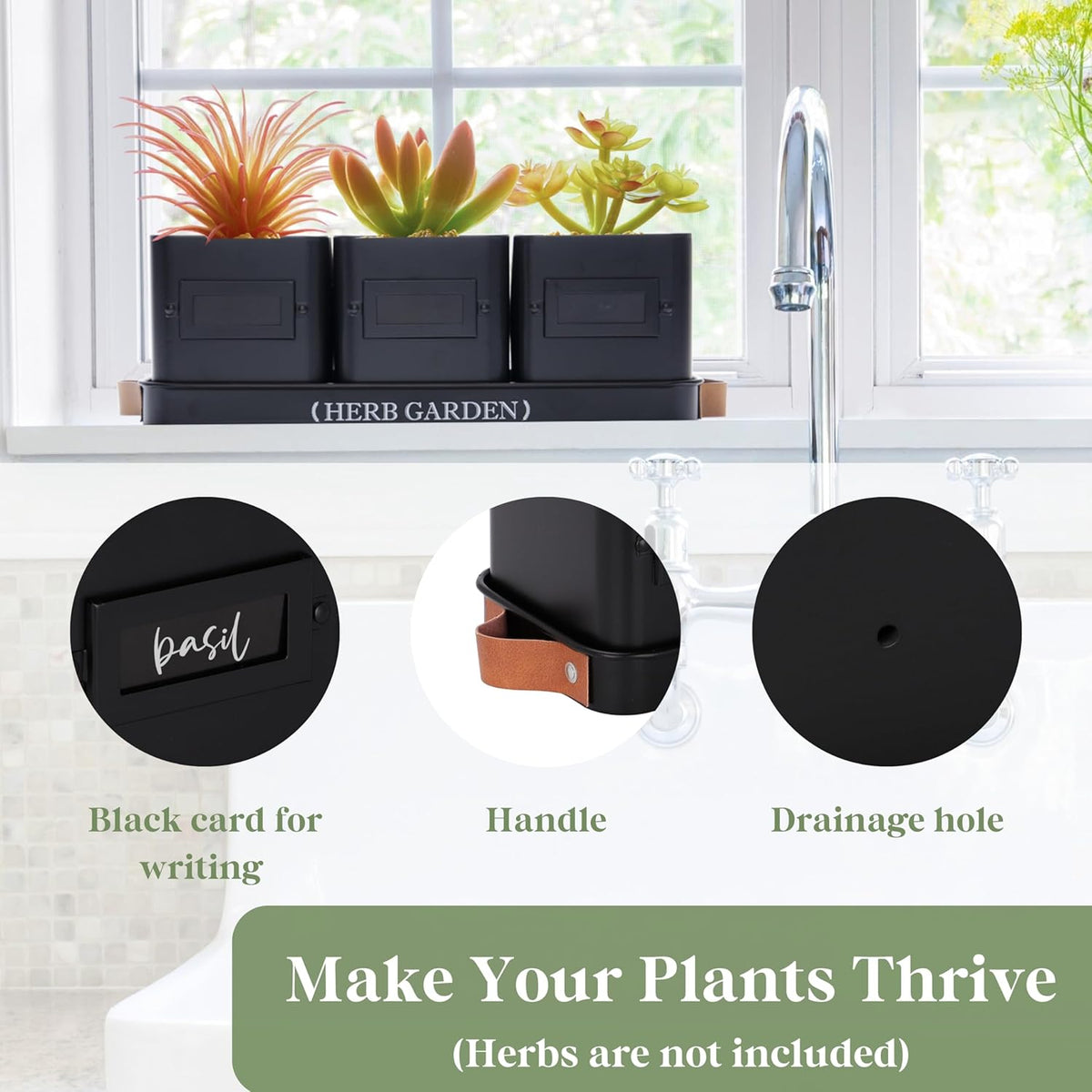 PERFNIQUE Indoor Herb Garden, Herb Planter Set with Tray, Farmhouse Indoor Plant Pots, Windowsill Herb Garden with Drainage(Planter only) for Indoor/Outdoor, Window Pots(Matte Black)