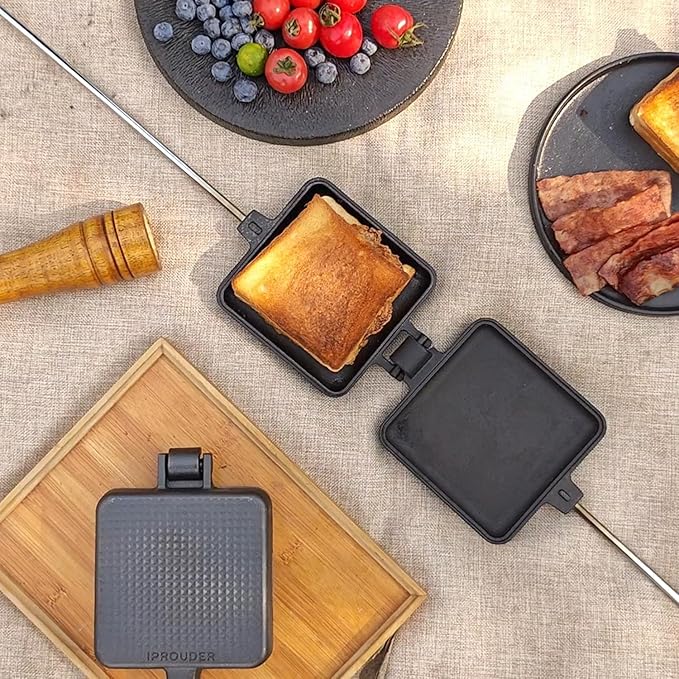 Campfire Pie Iron 4.9" & 8.6" Large Cast Iron Sandwich Maker for Camping 2 Pcs with Storage Bag - 22.6 inch Thickened Handles - Campfire Cooking Equipment for Grilling & Outdoor Cooking