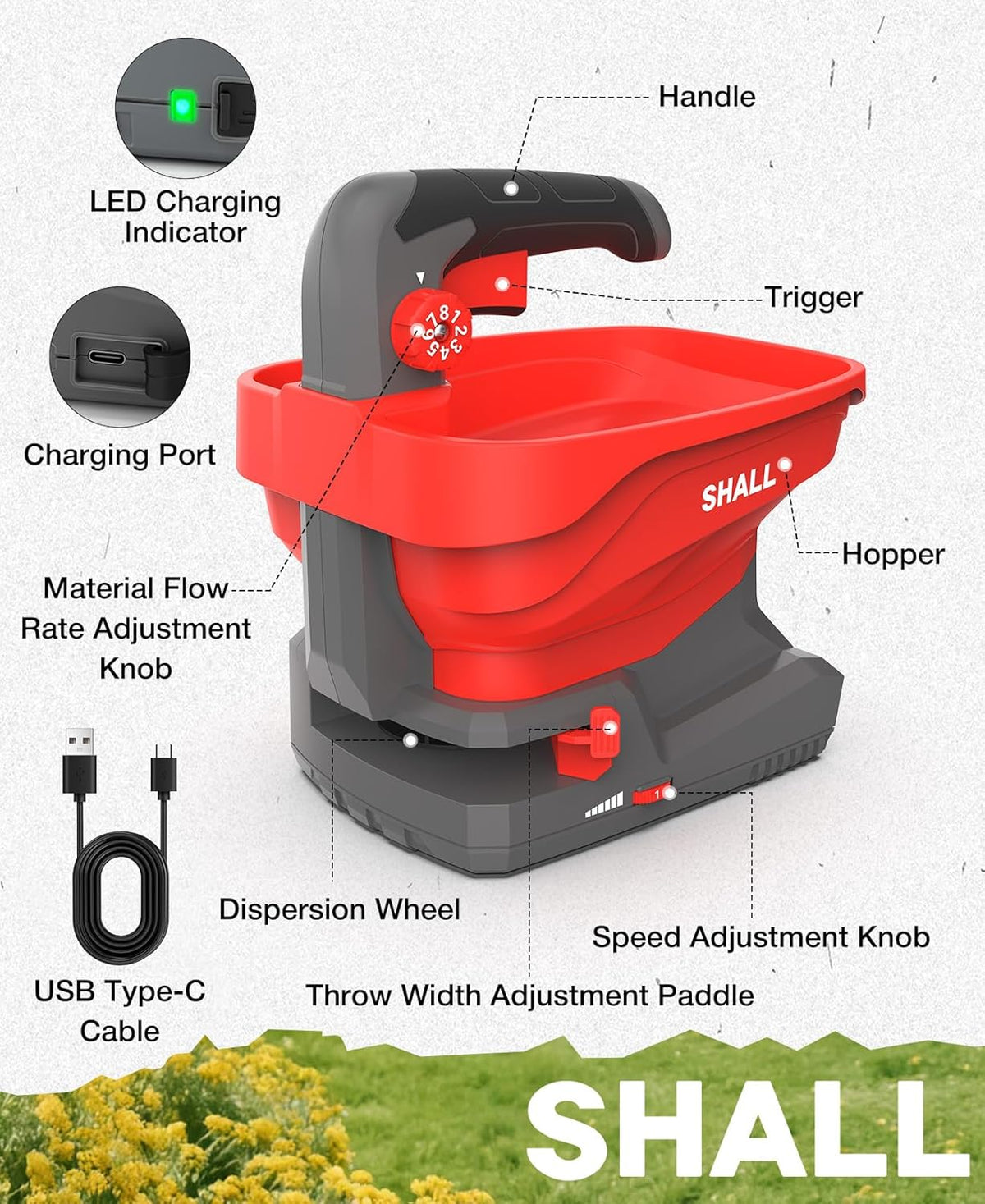 SHALL Battery Powered Fertilizer Spreader, 7.2V Rechargeable Seed Spreader for Salt, De-Icer, Earth Food, Grass Seed, 8-Level Settings and 3.3L Large Capacity Spreading up to 6458 sq.ft