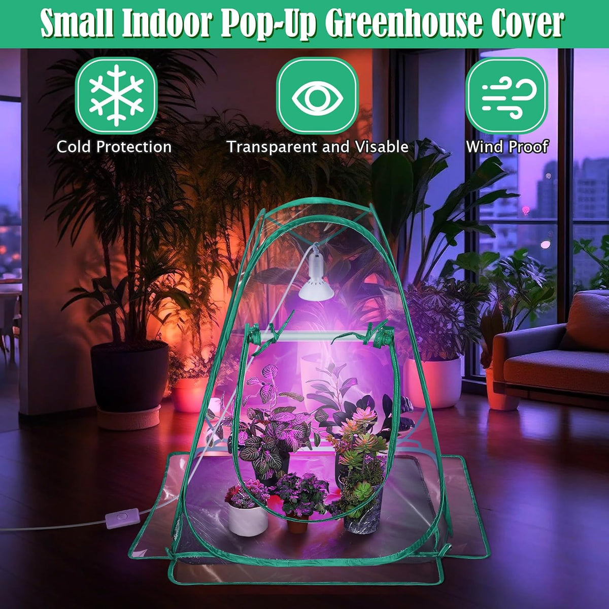 Meonum Mini Greenhouse with 10W 200 LED Grow Light Bulbs for Indoor, 27 x 27 x 30 Pop Up Small Greenhouse Cover with Bottom Waterproof Bottom Mat for Indoor Outdoor Plants Seed Starting