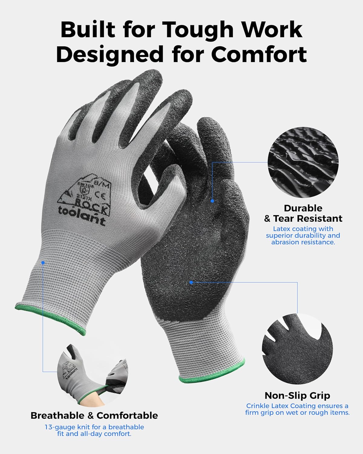 toolant Crinkle Latex Work Gloves Bulk, Rubber Coated Safety Work Gloves for Men and Women, 12 Pairs for Construction, Gardening, Warehouse (Gray, Large)