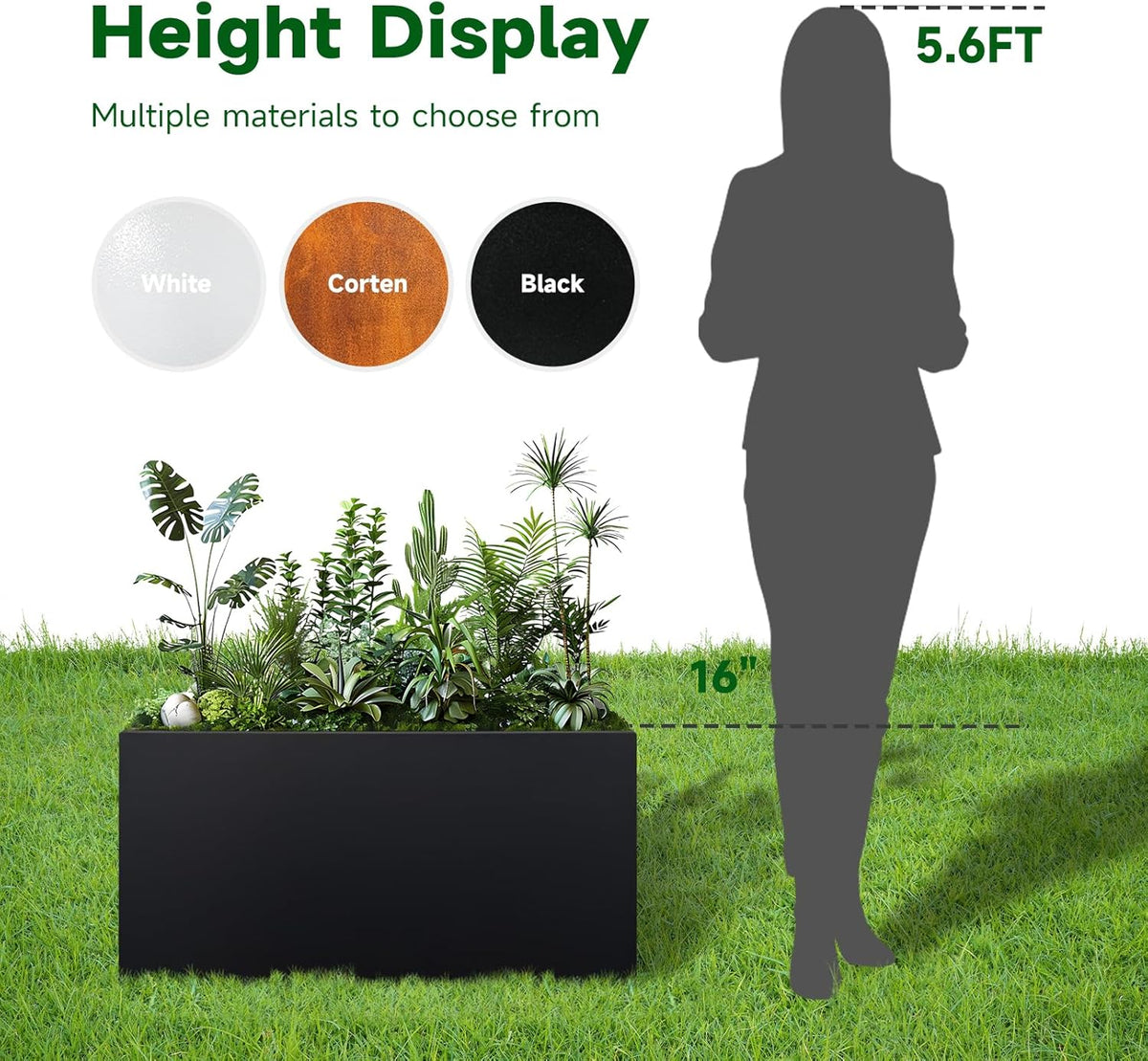 Steel Planter 36" x 12" x 16" Metal Rectangle Outdoor Planter Black Powder Coated Flower Box Metallic Heavy Pot Indoor & Outdoor, Commercial & Residential (L36 x W12 x D16, Black)