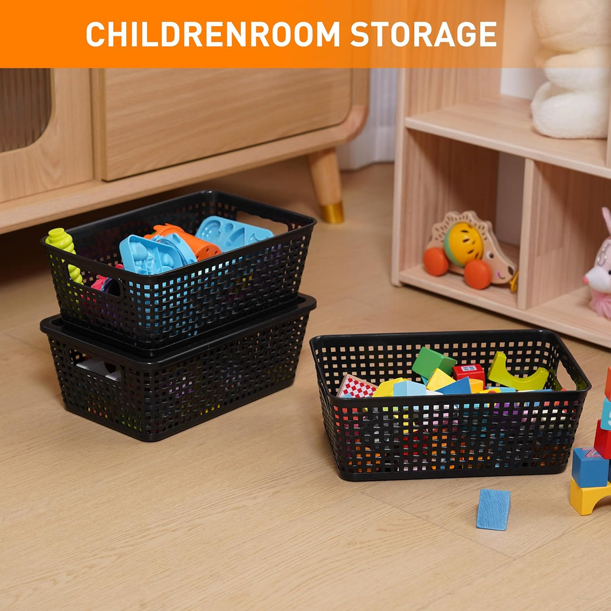 Plastic Storage Baskets With Lid, Storage Bins for Organizing, Stackable Decorative Containers for Shelves Drawers Desktop Closet Playroom Classroom Office, 6 Pack-Black