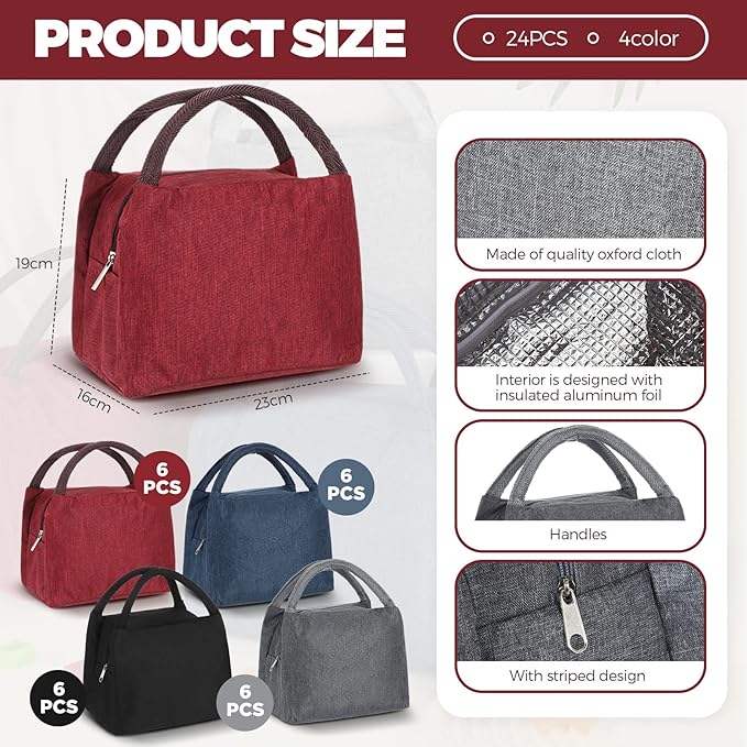 Chunful 24 Pcs Lunch Bags Bulk Insulated Reusable Lunch Bags Leakproof Tote with Aluminum Foil Interior Waterproof Thermal Tote for Women Adult Office Work Back to School Employees Picnic(Multi Color)