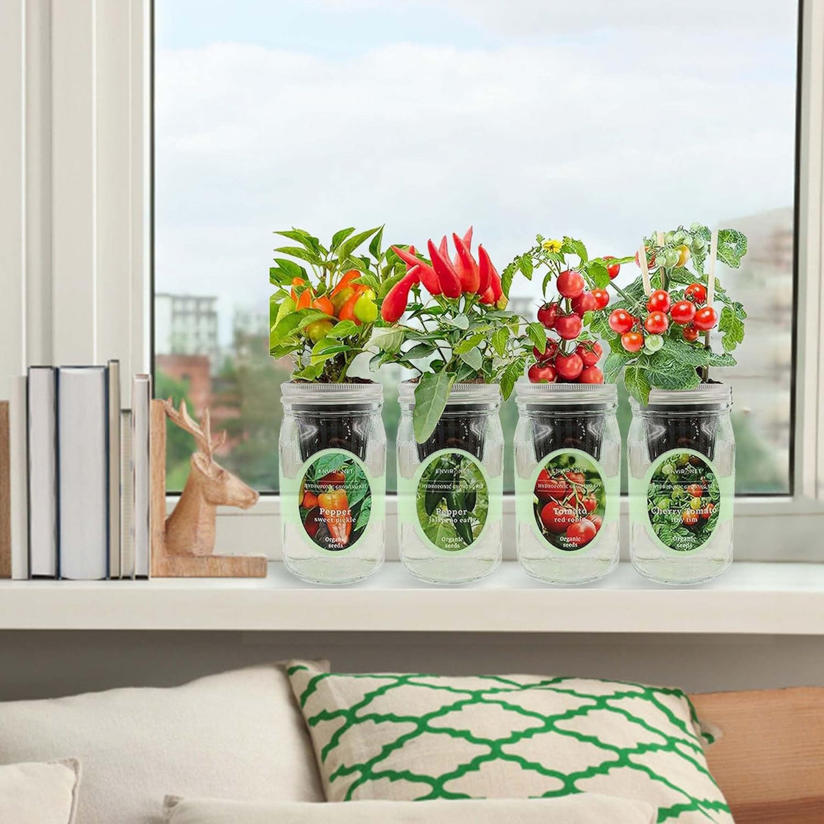 Hydroponic Herb Growing Kit Set, Self-Watering Mason Jar Herb Garden Starter Kit Indoor, Grow 4 Kinds of Herbs from Seeds (2 Tomato & 2 Pepper)