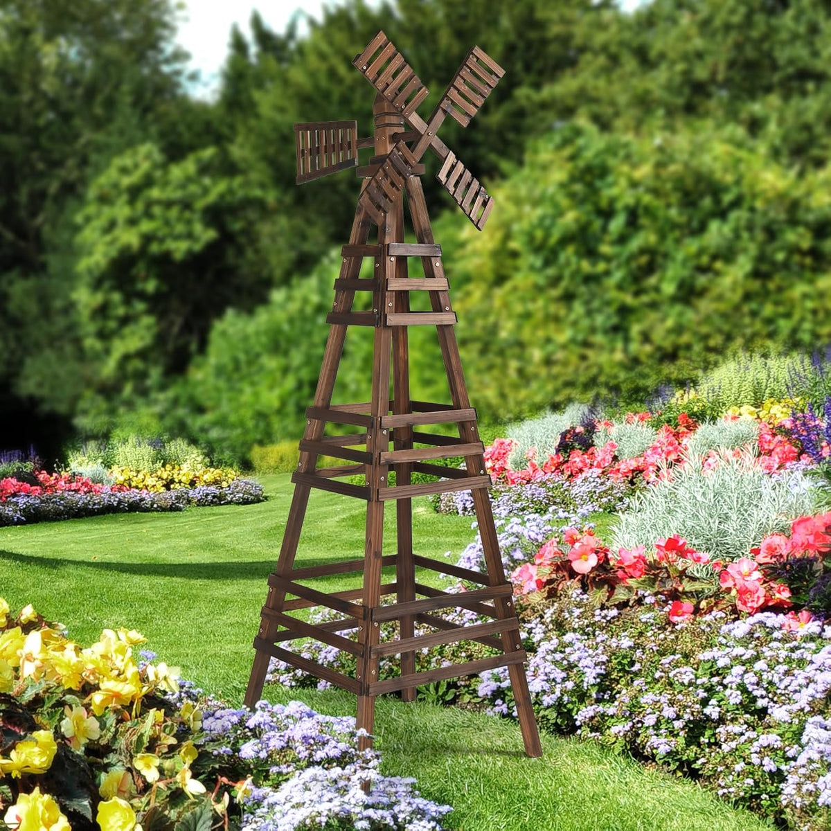 VINGLI Outdoor Yard Windmill, Wooden Wind Spinner for Garden Lawn Yard Patio Decoration (Carbonized Wood, Large)