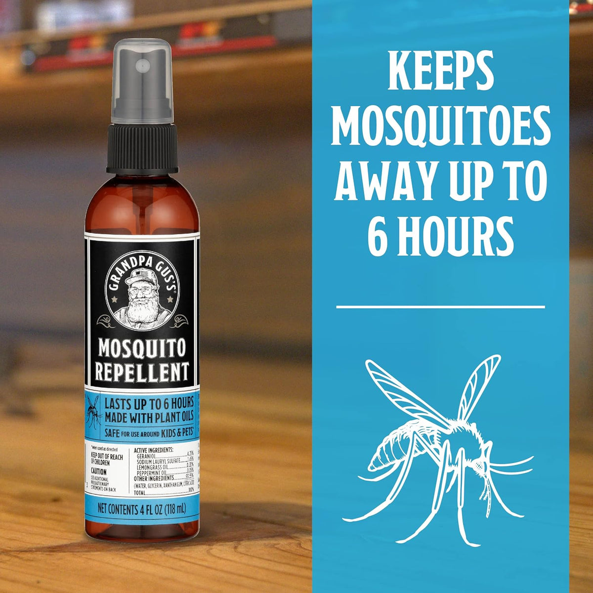 Grandpa Gus's Natural Mosquito Repellent Spray, Time-Release Plant-Based Actives, Non-Greasy, No Stains, DEET-Free, 4 oz (Pack of 2)