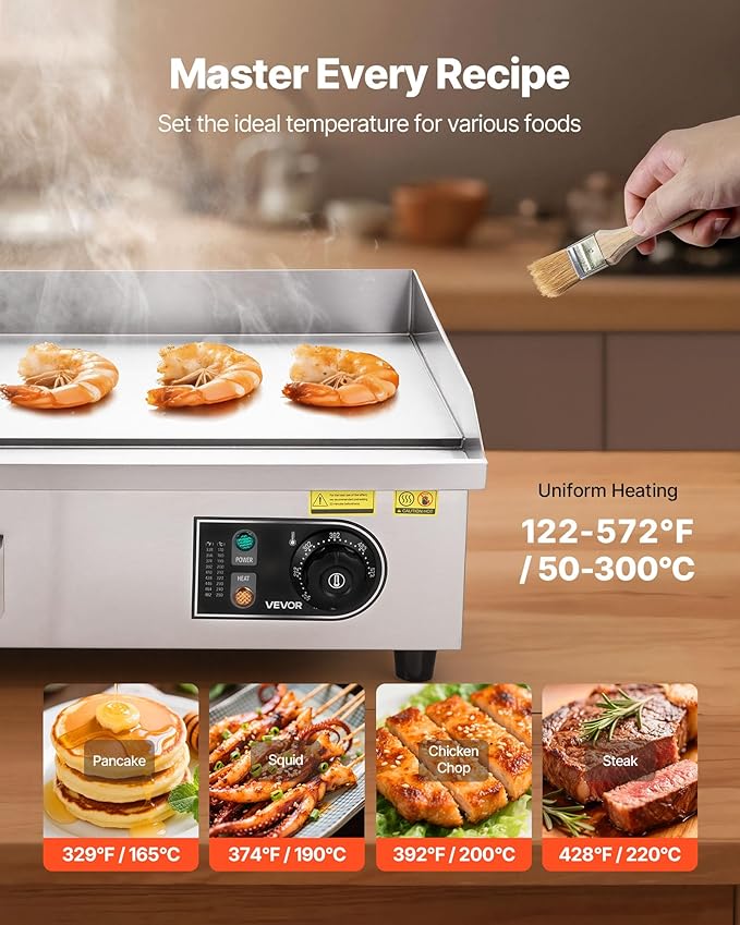 VEVOR Commercial Electric Griddle, 21.06 x 11.81 inch, 3200W, 122-570°F Adjustable Temp Control, Stainless Steel Body, Full Flat, with 2 Spatulas, 2 Brushes, and 4 Foot Pads, for Steak, Pancake
