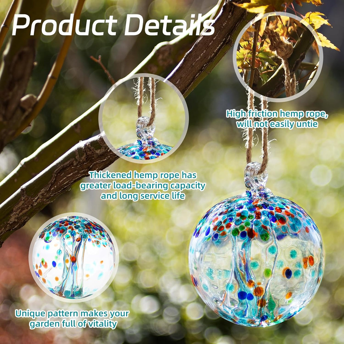 VOREEN 4" Hanging Glass Garden Gazing Ball Hand Blown Glass Witch Ball Christmas Ornament Friendship Balls for Outdoor Garden Patio Window Home Décor, Gift for Mom Wife Friend, Teal Blue