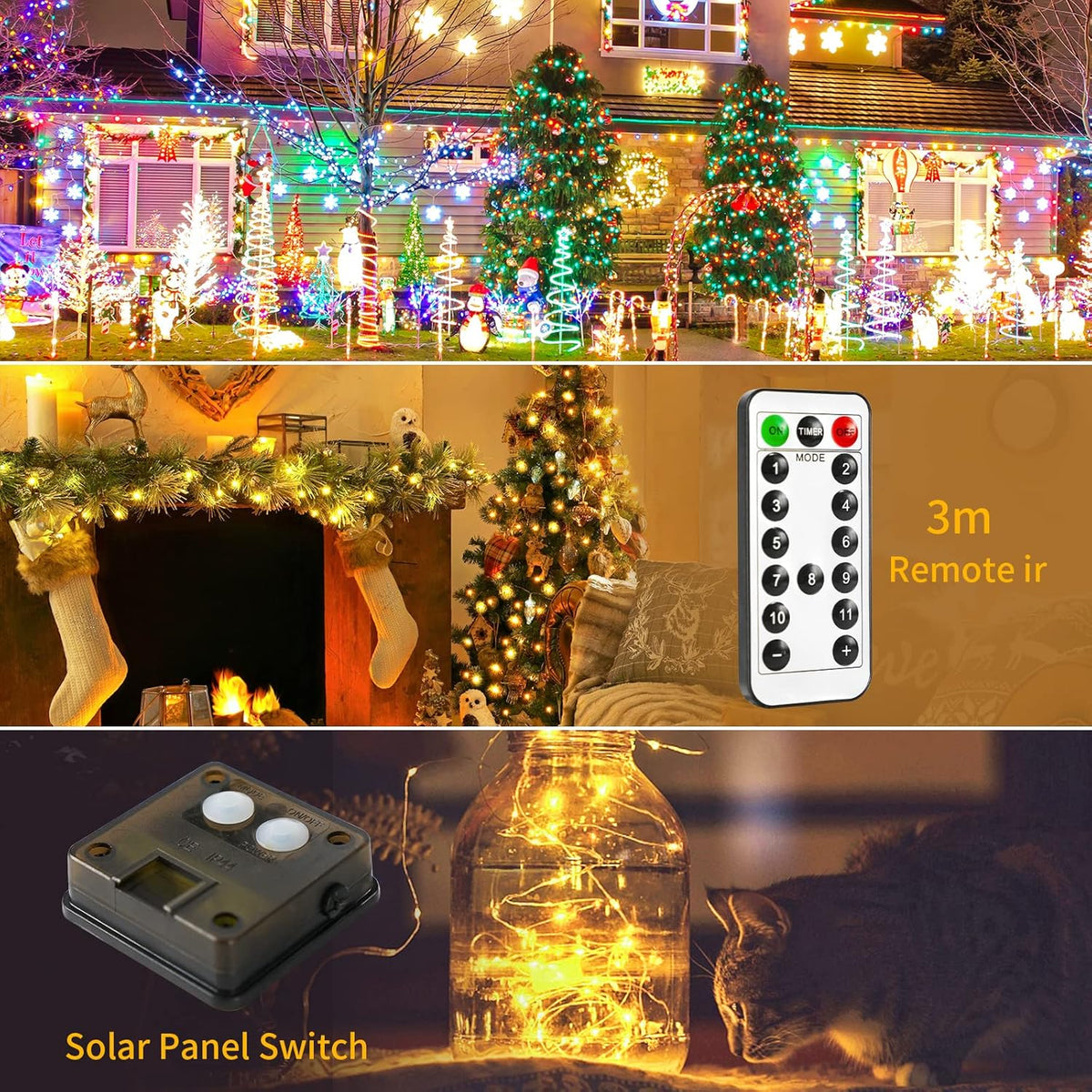 JMEXSUSS 2 Pack Solar Christmas Lights Outdoor Waterproof, 100 LED 33ft Warm White and Multicolor Color Changing Solar Fairy Lights, Copper Wire Solar String Lights for Outside Christmas Decorations