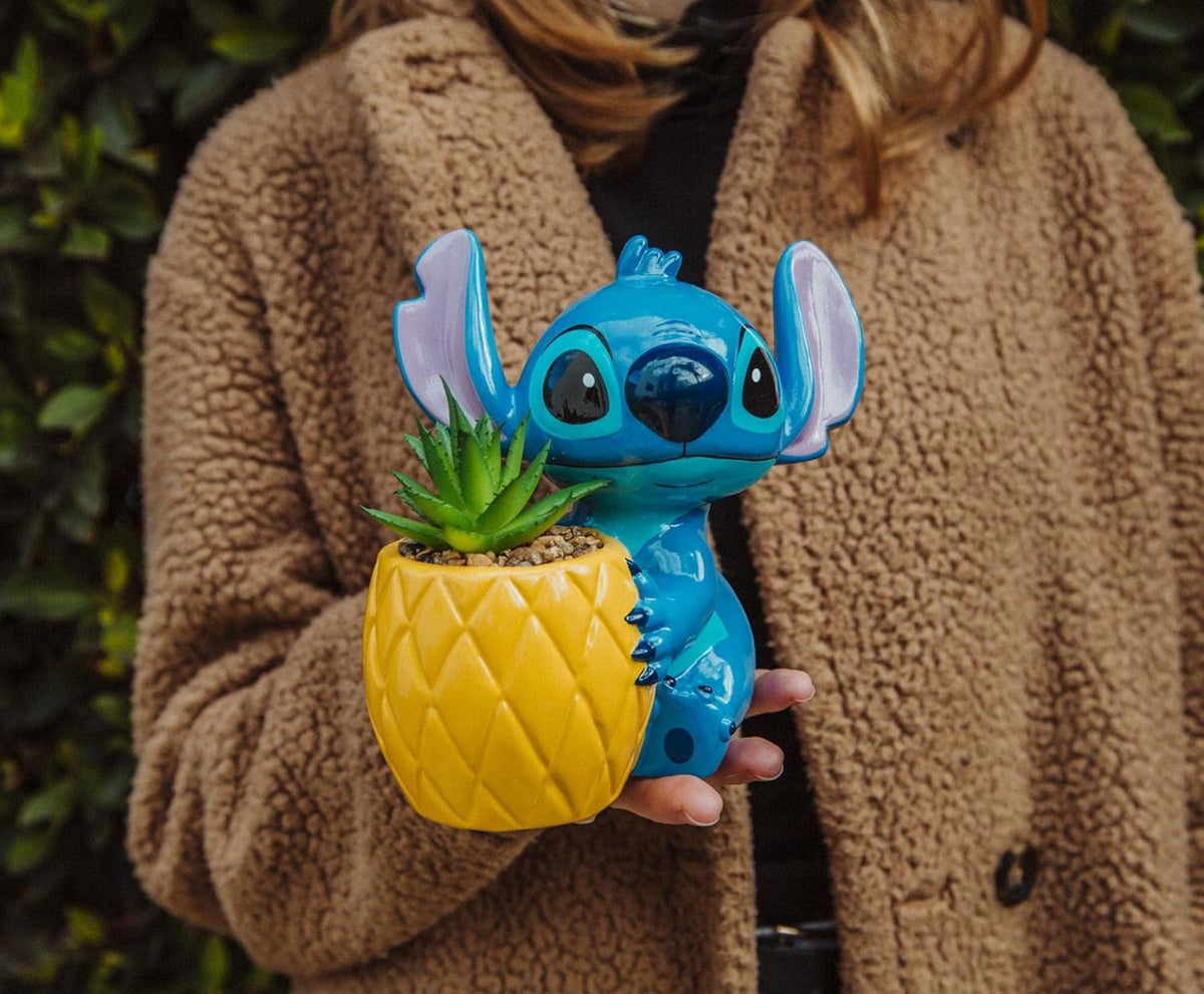Disney Lilo & Stitch Pineapple 6-Inch Ceramic Planter with Artificial Succulent | Cute Flower Pot, Faux Indoor Plants