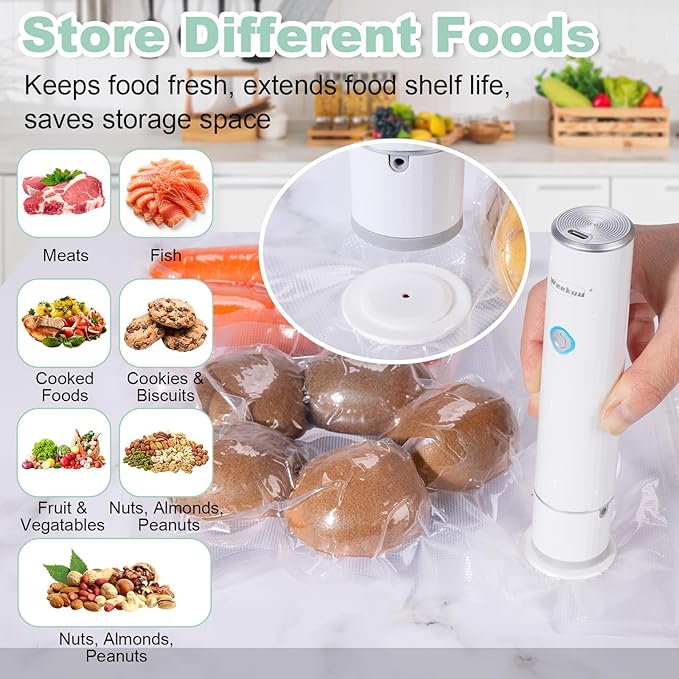 Handheld Vacuum Sealer for Food Storage – Portable & Rechargeable, Easy One-Hand Automatic Operation, 1 Vacuum Sealer + 30 Food Reusable Bags (50 Bags Optional)