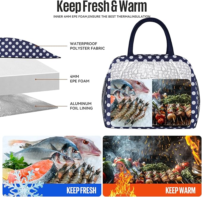 douyadady Lunch Bag Women/Men Lunch Box Women/Men (Blue+White dots)