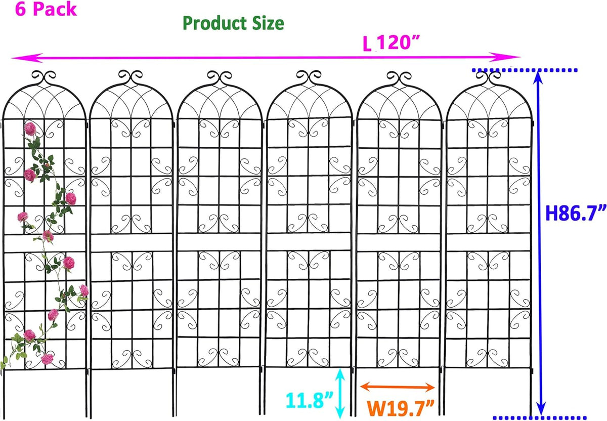 6 Pack Metal Garden Trellis 86.7" H Garden Fence Rustproof Trellis for Climbing Plants Support Roses Flower Outdoor Lawn, Black 7.2FT Tall
