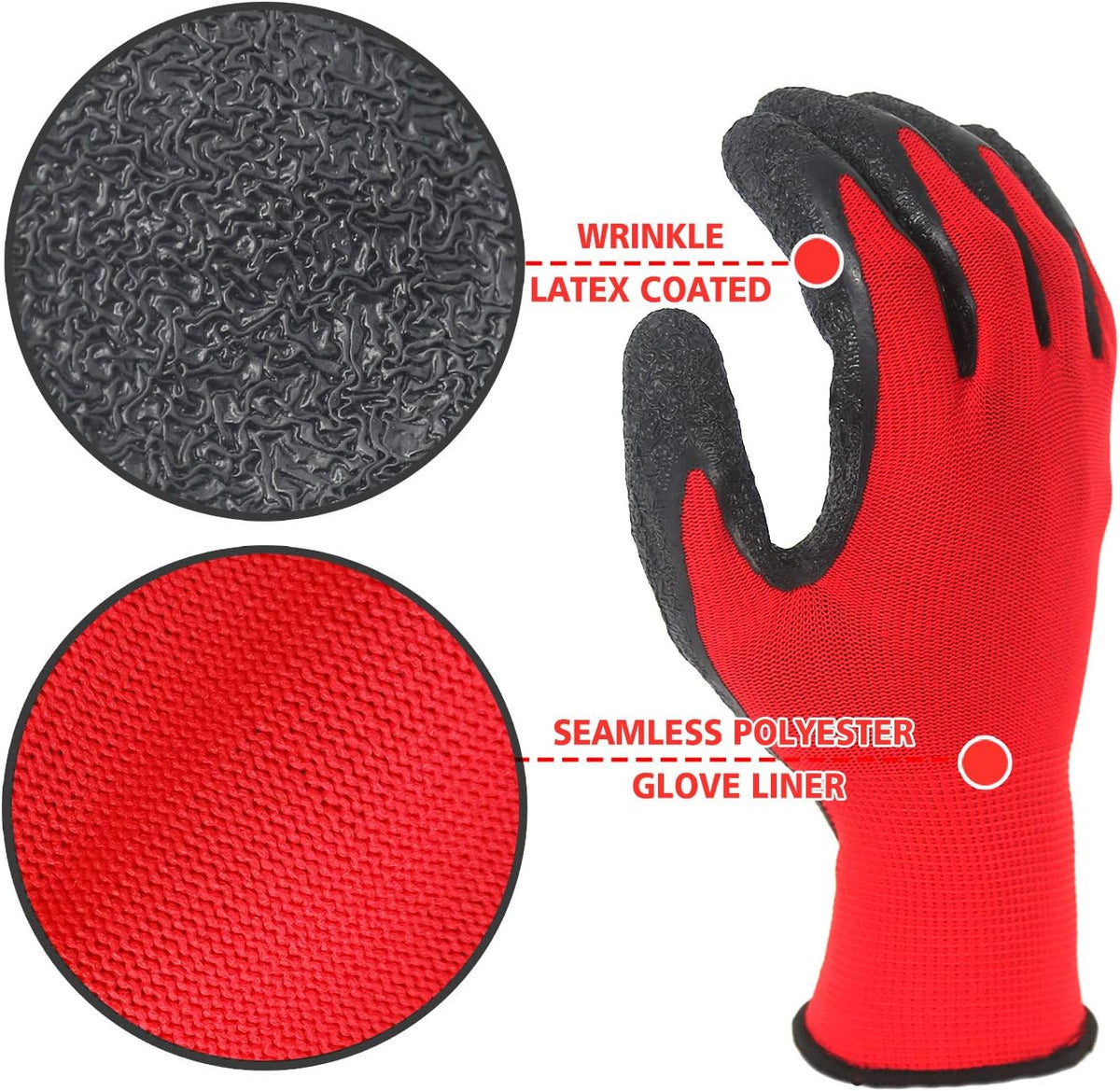Evridwear Crinkle Latex Rubber Hand Coated Safety Work Gloves for Men Women General Multi Use Construction Warehouse Gardening Assembly Landscaping (XXL-Size) 12 Pairs Pack