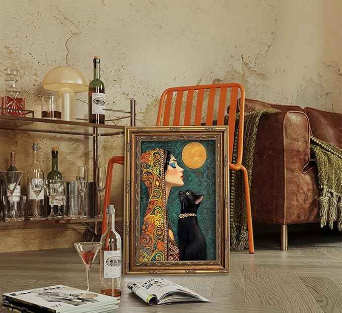 Vintage Gold Framed Boho Wall Art Moonlit Elegant Woman and Black Cat Painting Canvas Prints Gothic Dark Academia Moon Poster Bohemian Mystical Picture Artwork for Bedroom Living Room Home Décor
