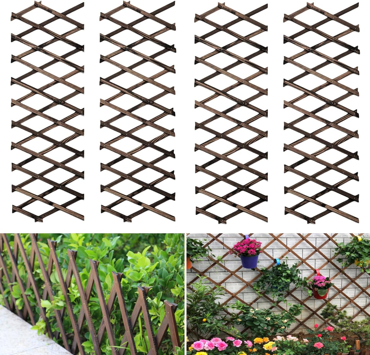 4 Pcs Expandable Garden Trellis, Wooden Lattice Wall Fence Trellis for Climbing Plants Ivy Vine Rose Clematis 13" x 68" for Outdoor Garden Patio Room Decor (4)