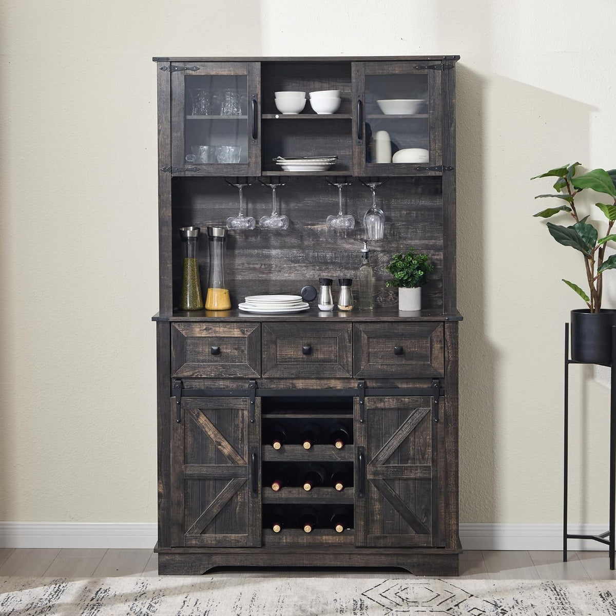 Coffee Bar Cabinet with Sliding Barn Doors 71'' Farmhouse Pantry Cabinet with Drawers & Wine Glass Rack Rustic Buffet Cabinet for Kitchen, Black