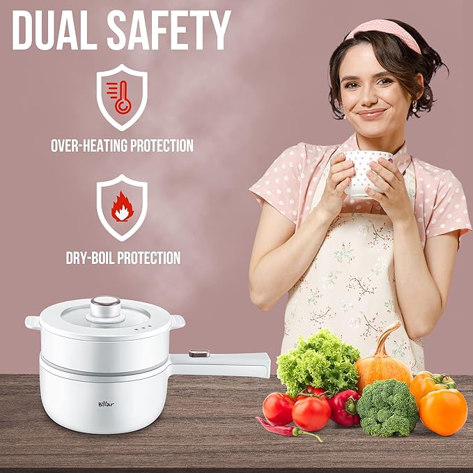Bear Hot Pot Electric with Steamer, 1.6L Rapid Noodles Cooker, Mini Pot, Non-Stick Frying Pan for Steak, Ramen, Egg, Oatmeal, Soup with Power Adjustable