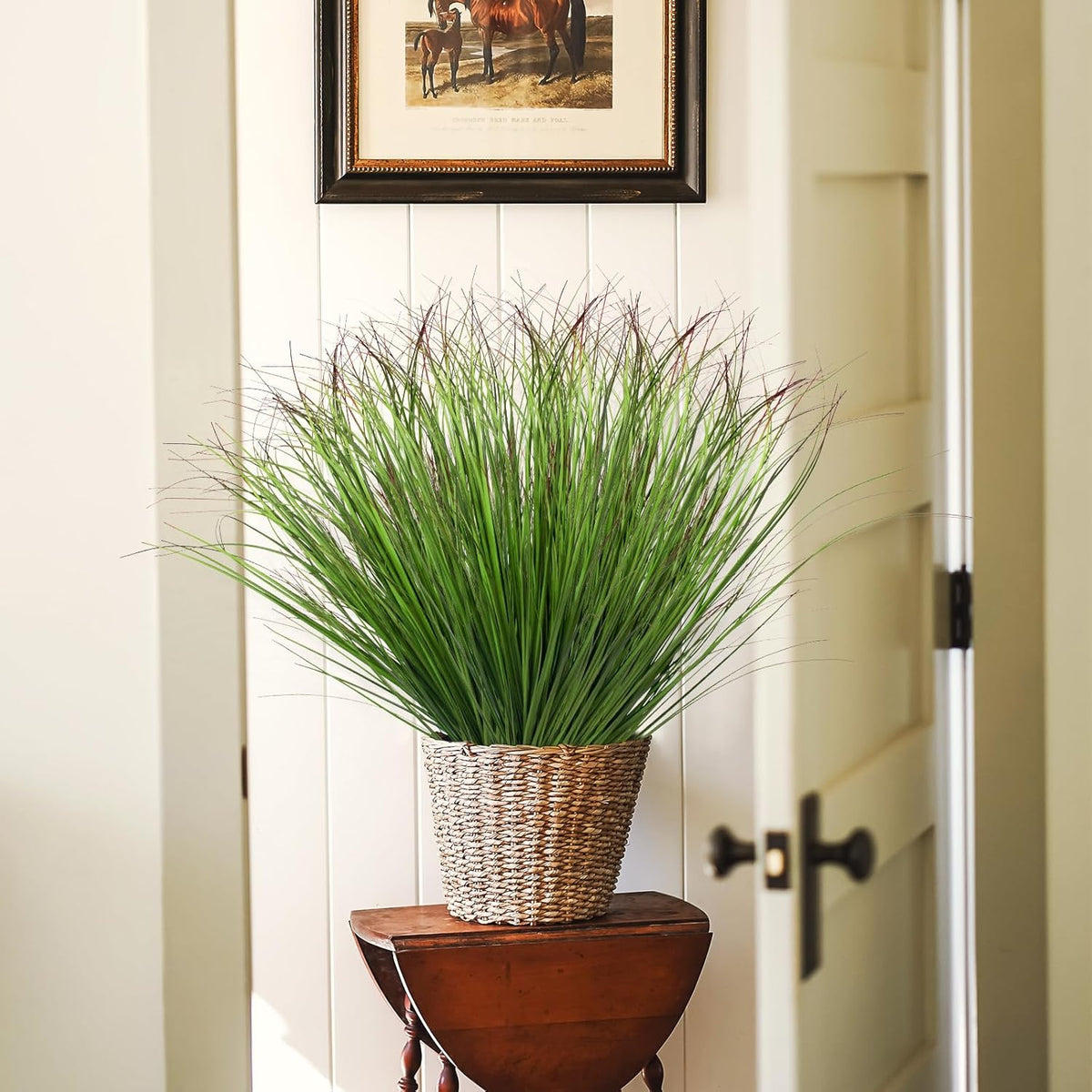 12Pcs Artificial Grass Plants, Faux Shrubs Wheat Grass, Artificial Tall Grass Fake Plants for Outdoor Decor,Artificial Greenery Stems Weed for Room Indoor Home Decor（Green Red Tail）