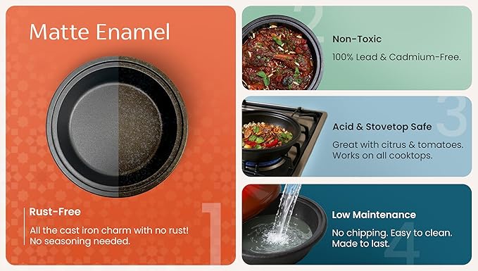 KooK Moroccan Tagine, Enameled Cast Iron Cooking Pot, Tajine with Ceramic Cone-Shaped Closed Lid, 3.3 QT, (Stone Blue)