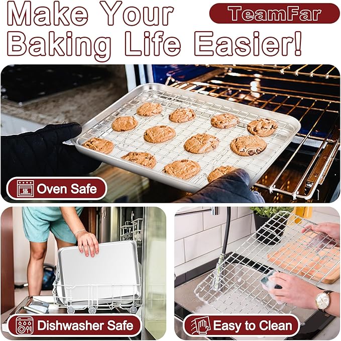 TeamFar Stainless Steel Baking Sheet with Rack Set, 17.6/16/12.5 Inch Cookie Sheets Baking Pans and Cooling Racks for Cooking Serving, Non-Toxic & Heavy Duty, Dishwasher Safe, 6 PCS (3 Pans + 3 Racks)
