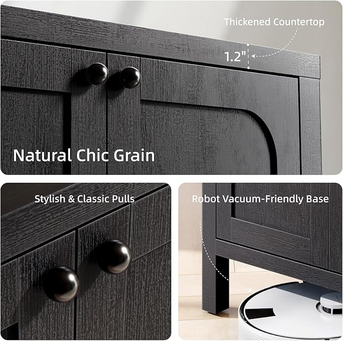 55" Black Sideboard Buffet Cabinet with Storage Modern Credenza with Doors Heavy Duty Wood TV Media Console Table Accent Cabinet for Living Room Hallway Entryway