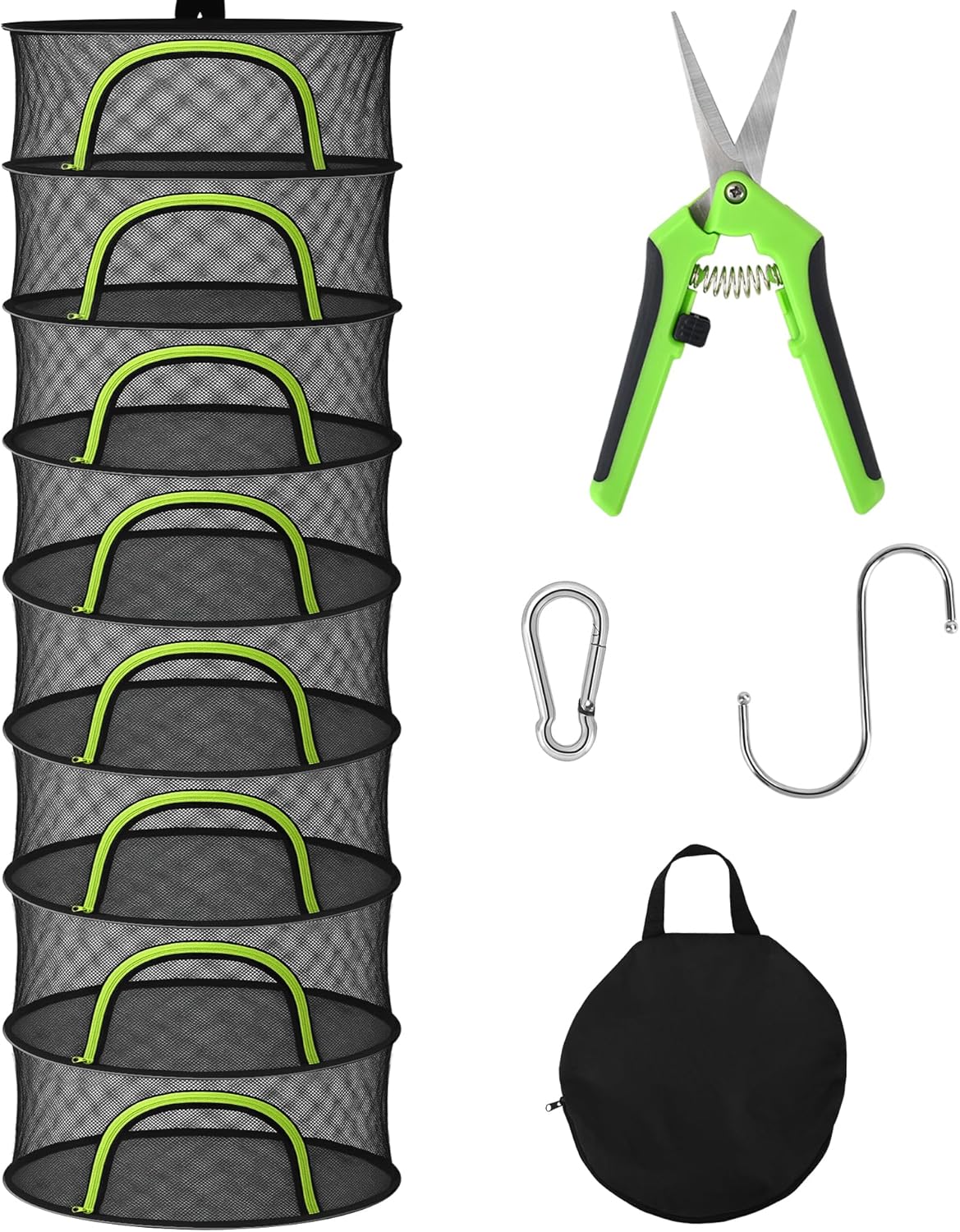 Herb Drying Rack Hanging Mesh 8 Layer 24" with Zipper, Garden Pruning Shear, Hook & Carabiner Clip for Drying Herbs, Plants, Seeds, Buds | Hydroponics & Grow Tents Herb Dryer Hanging Rack