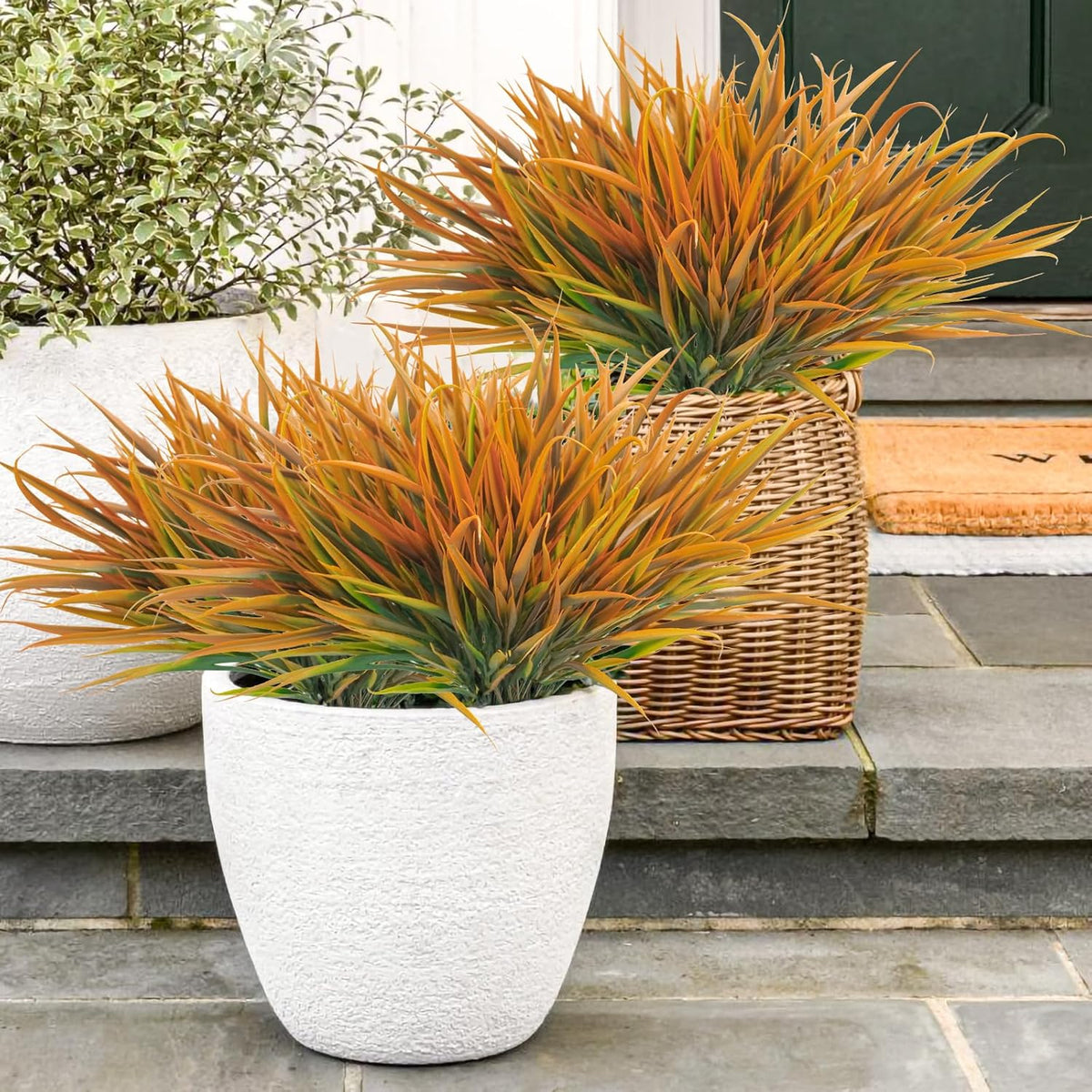 Uieke 12 Bundles Artificial Outdoor Plants UV Resistant Fake Grass Plants Faux Plastic Plants Greenery Shrubs for Home Garden Pathway Window Box Front Porch Cemetery Fall Decor, Autumn Orange