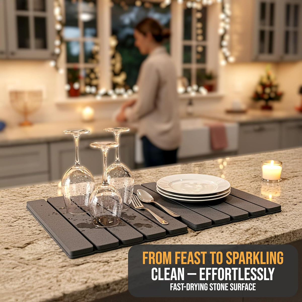 Large Foldable Stone Dish Drying Mat – Diatomaceous Earth, 12"x16" Each or 24"x16" Combined – Fast Dry, Anti-Slip Pad, Sanding Tool & Instruction Manual for Kitchen, Bathroom or RV (2-Pack)