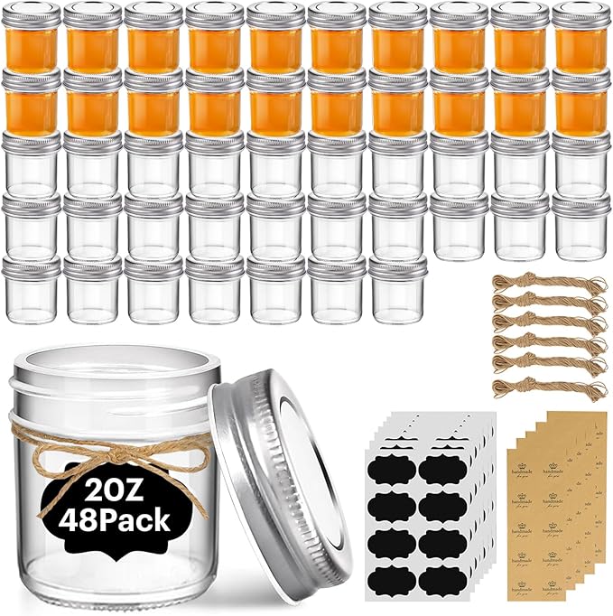ComSaf Small Mason Jars 2 oz, 48 Pcs Mini Mason Containers, Small Canning Jars, Mini Glass Jar with Lids for Ginger Shots, Honey, Jams, Sauces, Spices, DIY Candle Decor, Dressing, Wedding Favors