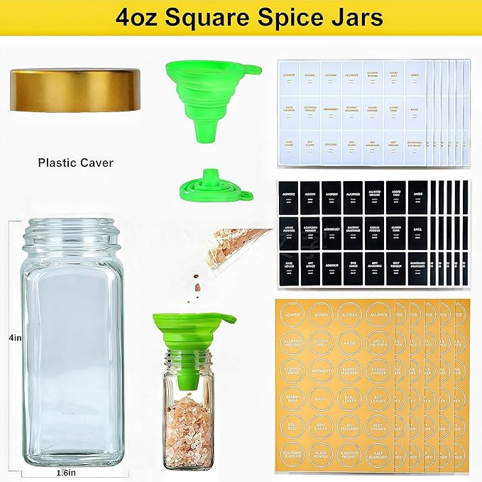 Glass Spice Jars with Label, 24Pcs Spice Jars with Shaker Lids-4 oz Gold Spice Seasoning Jars Bottles Containers Set for Spice Rack (24)