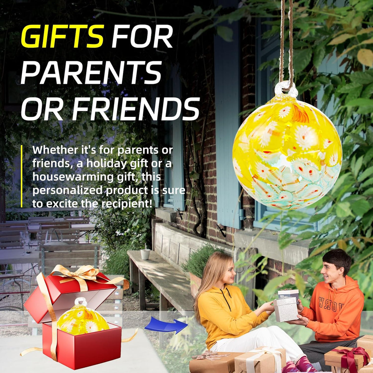 VOREEN 4" Hanging Glass Garden Gazing Ball Hand Blown Glass Witch Ball Christmas Ornament Friendship Balls for Outdoor Garden Patio Window Home Décor, Gift for Mom Wife Friend, Peacock Pattern