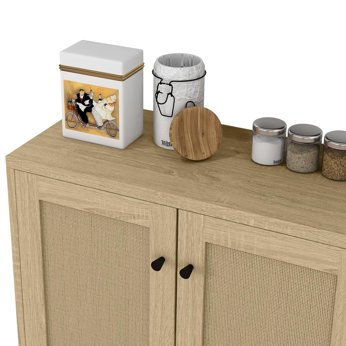 Rattan Decorated 2 Doors Storage Cabinet Accent Cabinet Living Room Cupboard Kitchen Sideboard Buffet Table